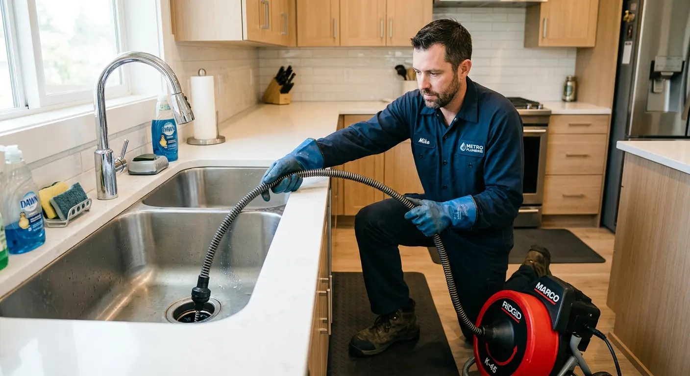 Drain cleaning technician using a motorized snake on a kitchen sink in Belchertown