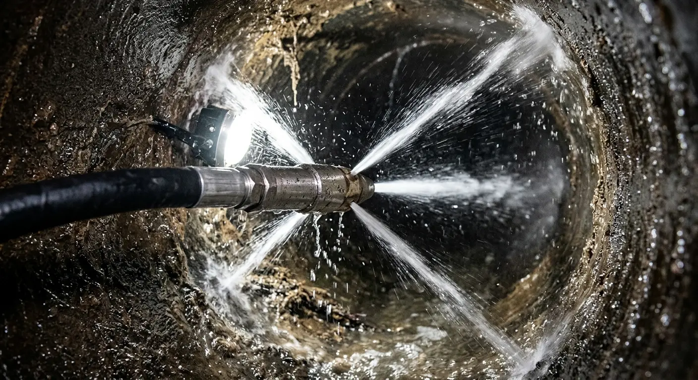 High-pressure hydro jetting nozzle cleaning sewer pipe for Sewer Line Relining in Belchertown