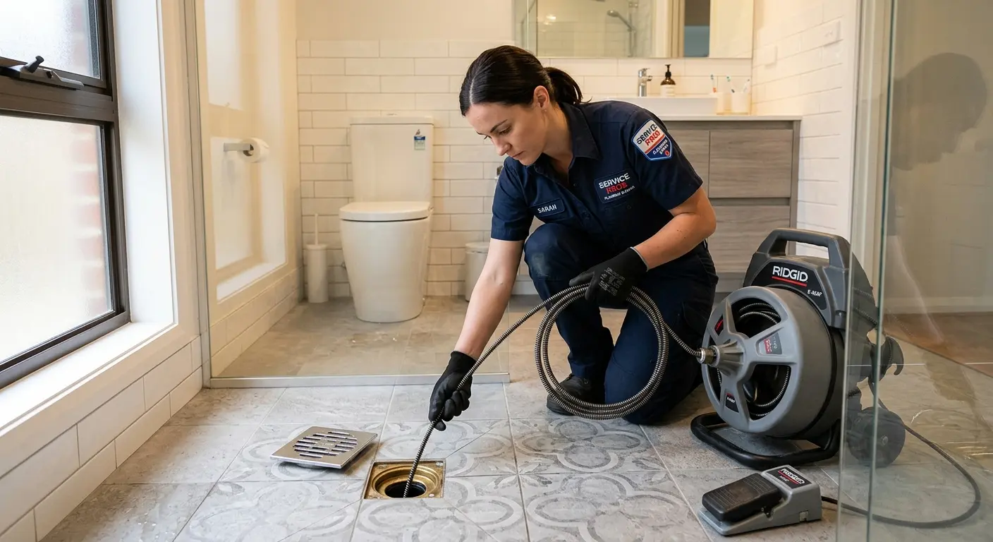Technician clearing a bathroom floor drain for Hydro Jetting in Belchertown